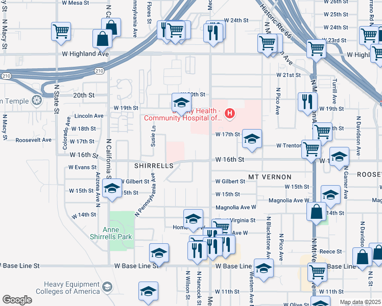 map of restaurants, bars, coffee shops, grocery stores, and more near 1650 West 16th Street in San Bernardino