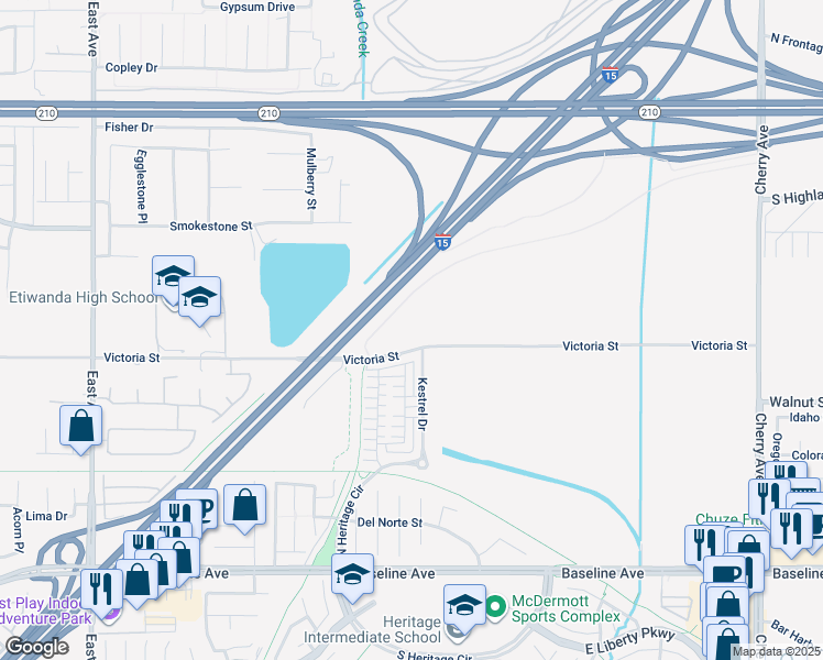 map of restaurants, bars, coffee shops, grocery stores, and more near 13845 Victoria St in Fontana