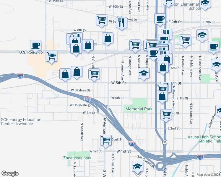 map of restaurants, bars, coffee shops, grocery stores, and more near 710 West 5th Street in Azusa