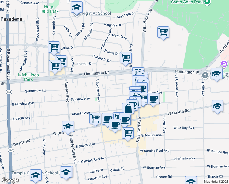 map of restaurants, bars, coffee shops, grocery stores, and more near 816 Southview Road in Arcadia