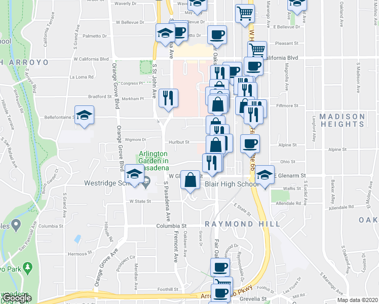 map of restaurants, bars, coffee shops, grocery stores, and more near 78 Hurlbut Street in Pasadena