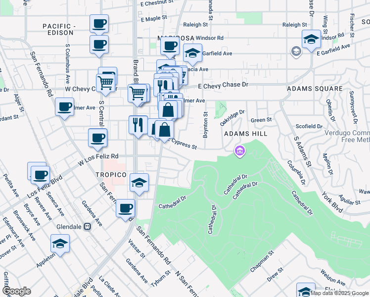 map of restaurants, bars, coffee shops, grocery stores, and more near 330 East Cypress Street in Glendale