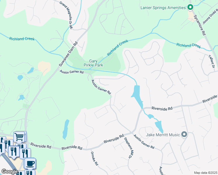 map of restaurants, bars, coffee shops, grocery stores, and more near 6025 Barker Landing Northeast in Sugar Hill