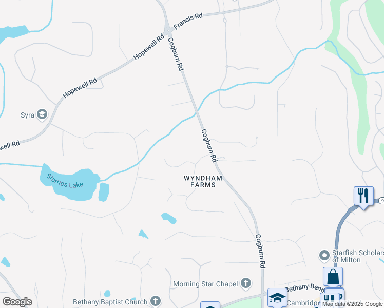 map of restaurants, bars, coffee shops, grocery stores, and more near 405 Wyndham Farms Way in Alpharetta