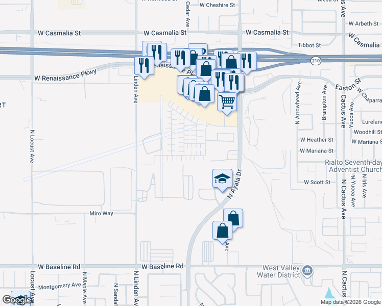 map of restaurants, bars, coffee shops, grocery stores, and more near 1204 Yeager Avenue in Rialto