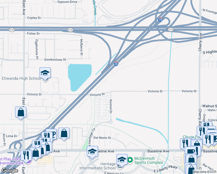 map of restaurants, bars, coffee shops, grocery stores, and more near 13892 Victoria Street in Fontana