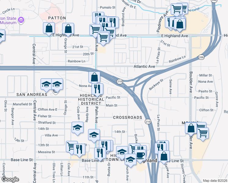 map of restaurants, bars, coffee shops, grocery stores, and more near 3734 Pacific Street in Highland