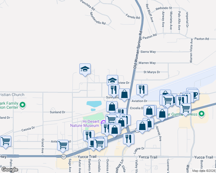 map of restaurants, bars, coffee shops, grocery stores, and more near 57175 Crestview Drive in Yucca Valley