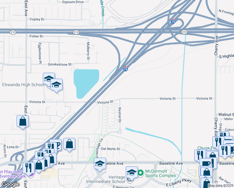map of restaurants, bars, coffee shops, grocery stores, and more near 13892 Victoria Street in Fontana