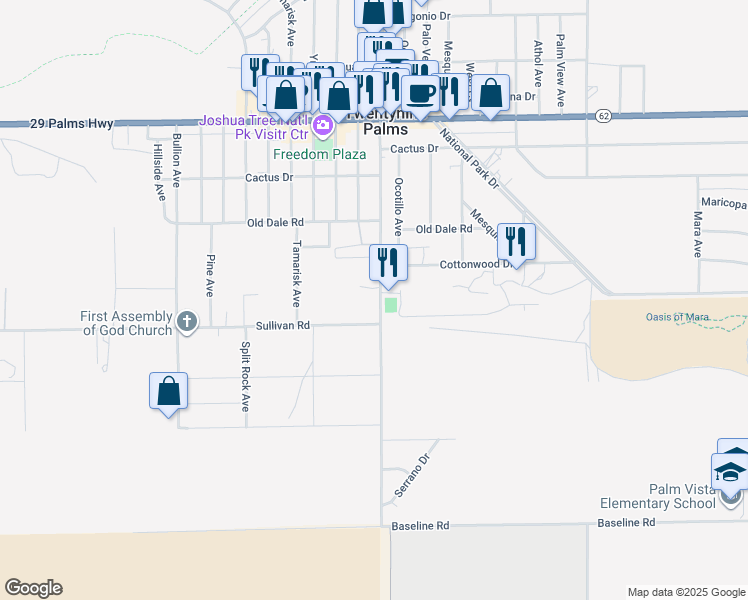 map of restaurants, bars, coffee shops, grocery stores, and more near 6854 Adobe Road in Twentynine Palms