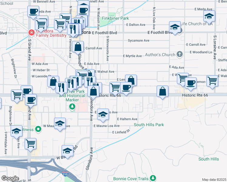 map of restaurants, bars, coffee shops, grocery stores, and more near 315 East Route 66 in Glendora