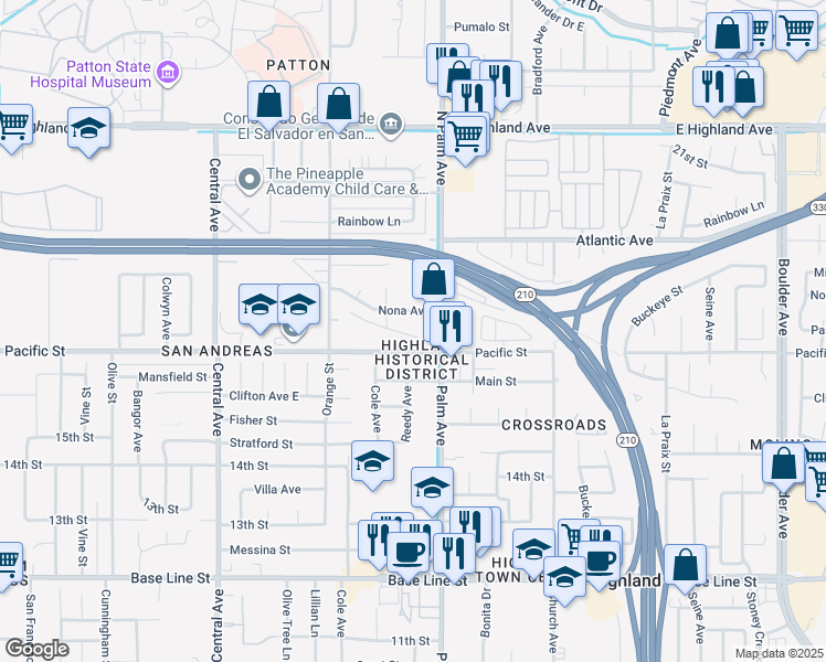 map of restaurants, bars, coffee shops, grocery stores, and more near 1672 Palm Avenue in Highland