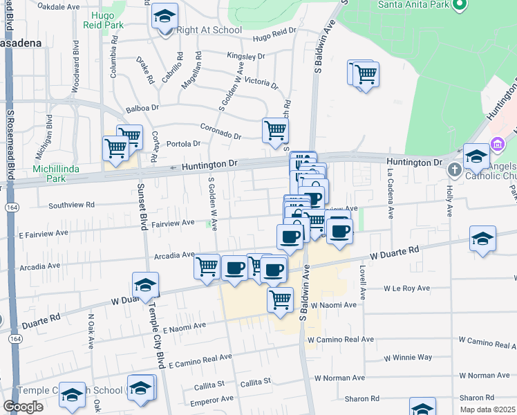 map of restaurants, bars, coffee shops, grocery stores, and more near 805 Fairview Avenue in Arcadia