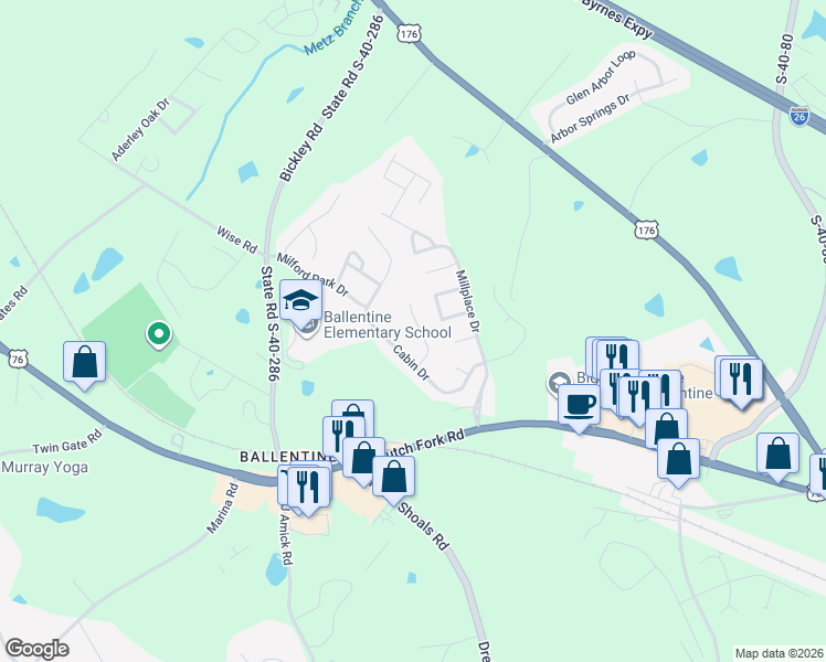 map of restaurants, bars, coffee shops, grocery stores, and more near 20 Cabin Court in Irmo