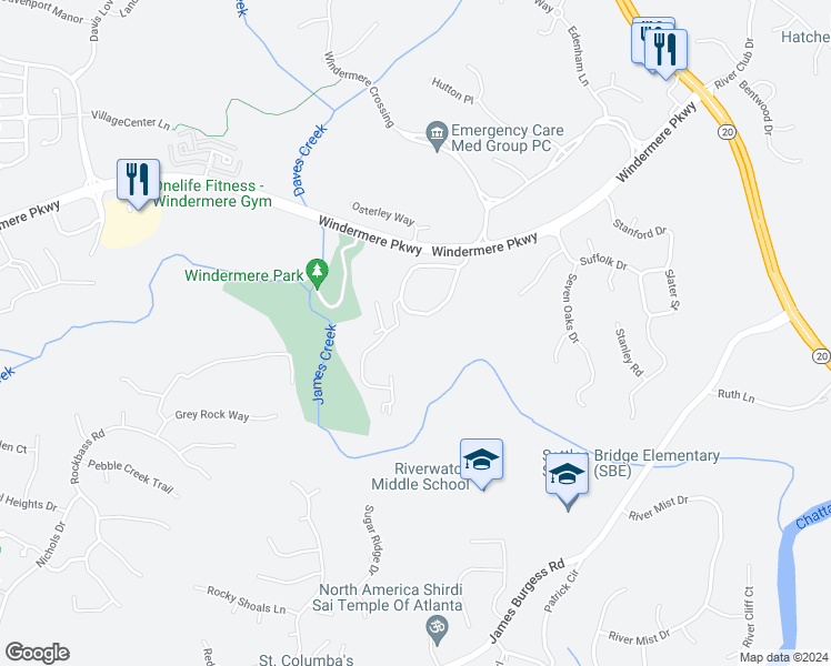 map of restaurants, bars, coffee shops, grocery stores, and more near 3500 Preston Pointe Way in Cumming
