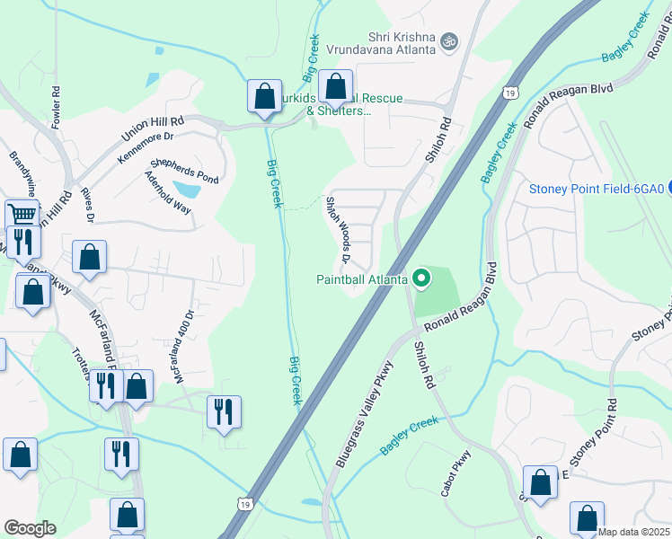 map of restaurants, bars, coffee shops, grocery stores, and more near 5870 Shiloh Woods Drive in Cumming