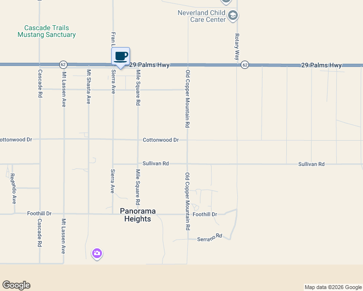 map of restaurants, bars, coffee shops, grocery stores, and more near 66277 Cottonwood Drive in Twentynine Palms