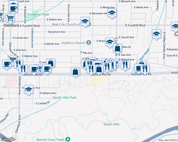 map of restaurants, bars, coffee shops, grocery stores, and more near 849 East Route 66 in Glendora