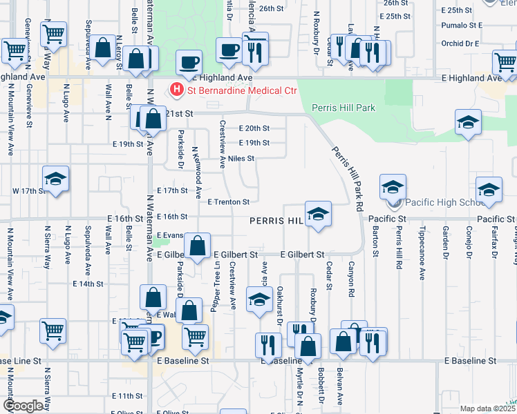 map of restaurants, bars, coffee shops, grocery stores, and more near 693 East Trenton Street in San Bernardino