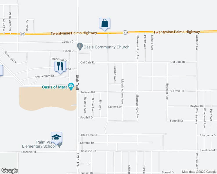 map of restaurants, bars, coffee shops, grocery stores, and more near 6867 Araby Avenue in Twentynine Palms