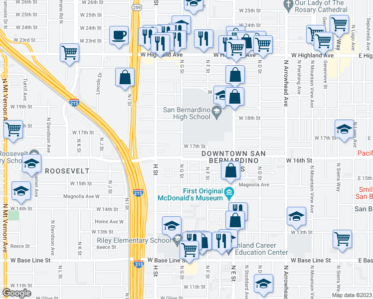 map of restaurants, bars, coffee shops, grocery stores, and more near 687 West 17th Street in San Bernardino