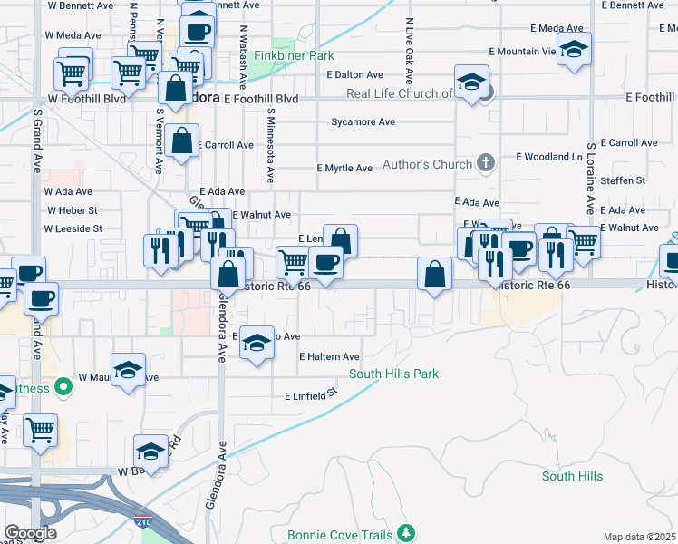 map of restaurants, bars, coffee shops, grocery stores, and more near 525 East Route 66 in Glendora