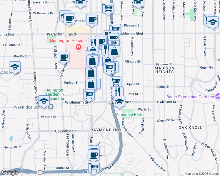 map of restaurants, bars, coffee shops, grocery stores, and more near 951 South Arroyo Parkway in Pasadena