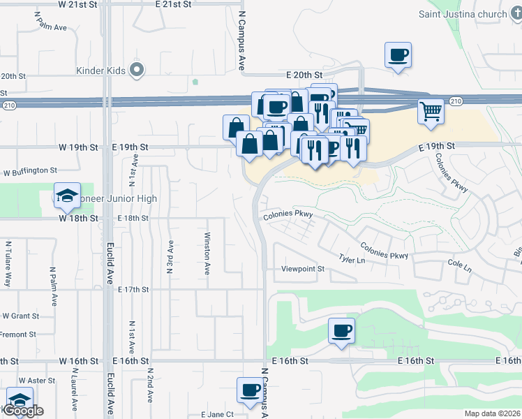map of restaurants, bars, coffee shops, grocery stores, and more near 711 Highline Way in Upland