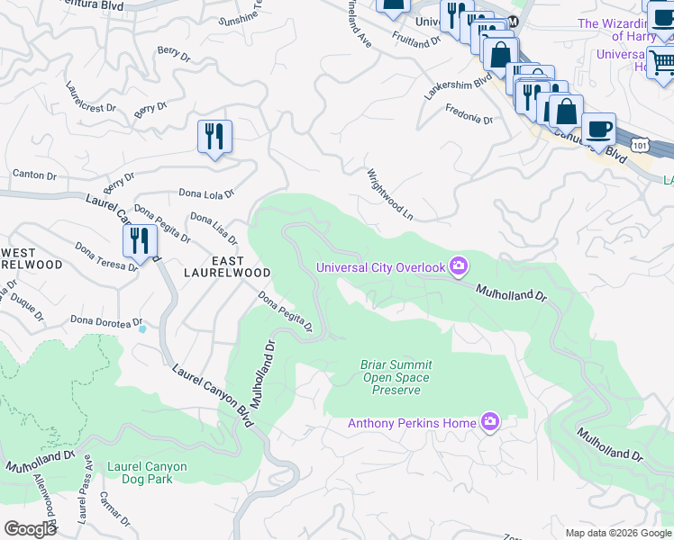 map of restaurants, bars, coffee shops, grocery stores, and more near 7833 Torreyson Drive in Los Angeles