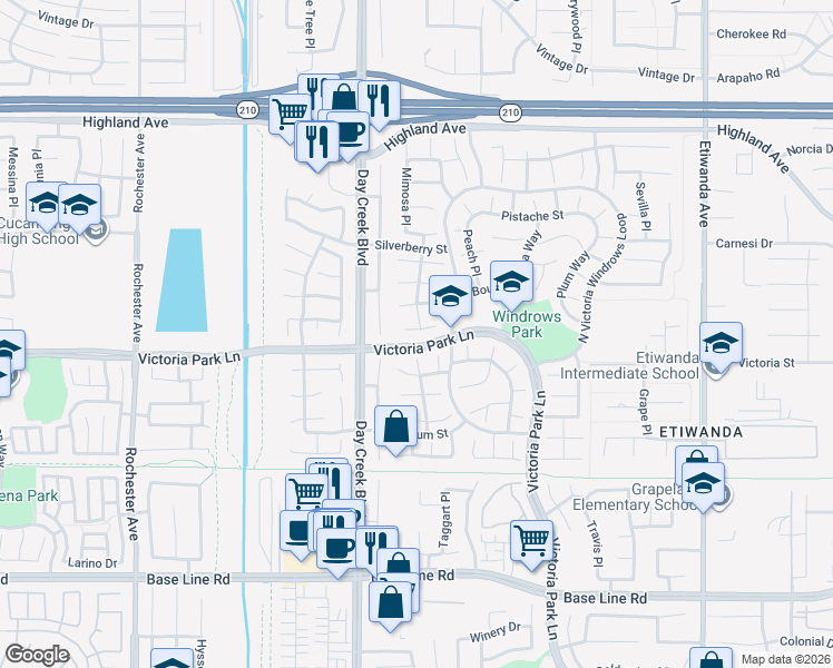 map of restaurants, bars, coffee shops, grocery stores, and more near 12289 Bellflower Court in Rancho Cucamonga