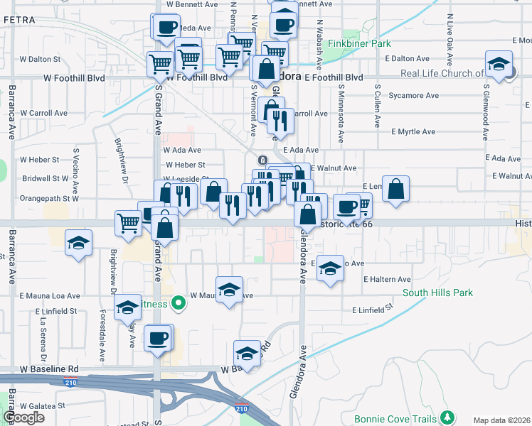 map of restaurants, bars, coffee shops, grocery stores, and more near 523 South Glendora Avenue in Glendora
