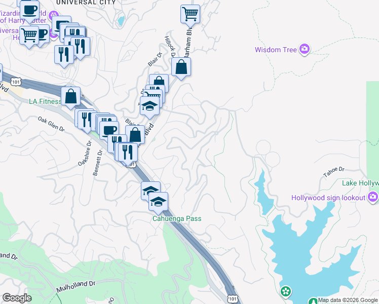 map of restaurants, bars, coffee shops, grocery stores, and more near 3392 Tareco Drive in Los Angeles