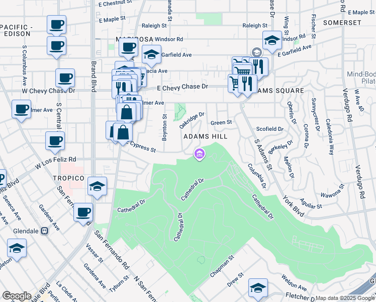 map of restaurants, bars, coffee shops, grocery stores, and more near 634 East Cypress Street in Glendale