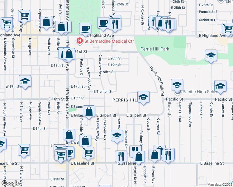 map of restaurants, bars, coffee shops, grocery stores, and more near 693 East Trenton Street in San Bernardino