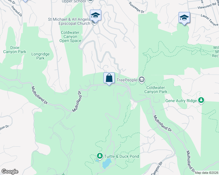 map of restaurants, bars, coffee shops, grocery stores, and more near 12730 Mulholland Drive in Beverly Hills