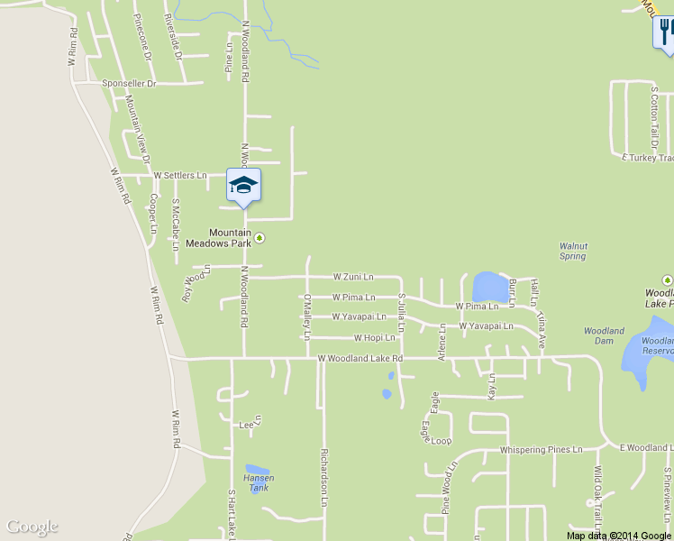map of restaurants, bars, coffee shops, grocery stores, and more near 1206 West Zuni Lane in Pinetop-Lakeside