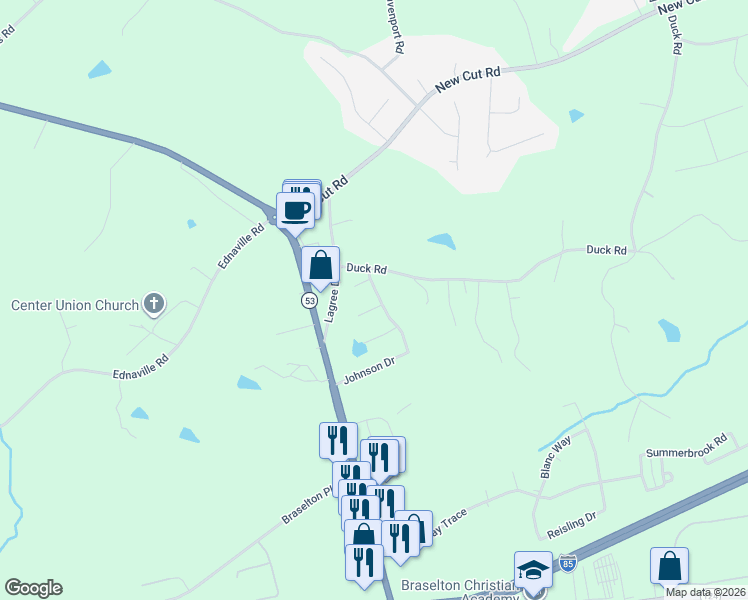 map of restaurants, bars, coffee shops, grocery stores, and more near 379 Johnson Drive in Braselton