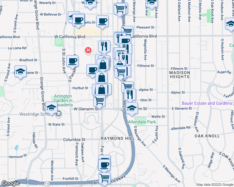 map of restaurants, bars, coffee shops, grocery stores, and more near 950 South Raymond Avenue in Pasadena