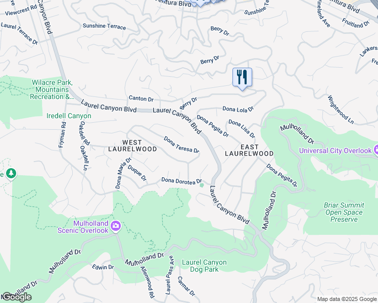 map of restaurants, bars, coffee shops, grocery stores, and more near 11385 Dona Teresa Drive in Los Angeles