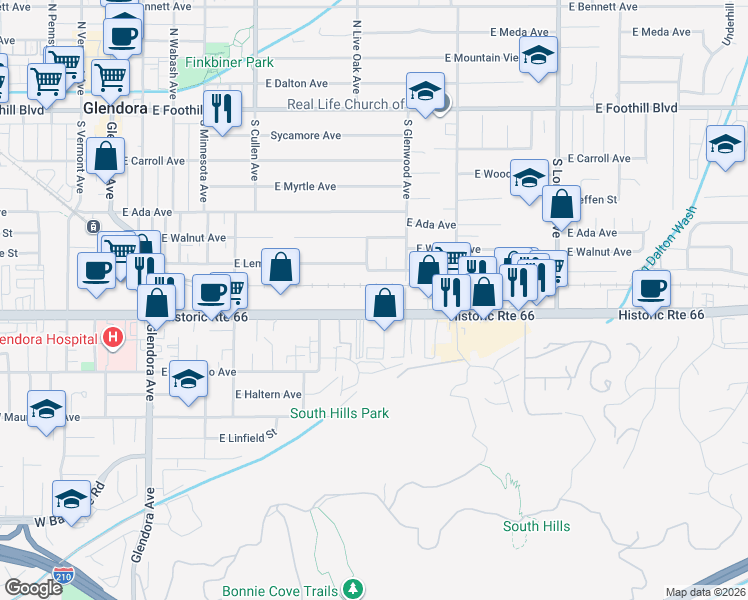 map of restaurants, bars, coffee shops, grocery stores, and more near 723 East Route 66 in Glendora