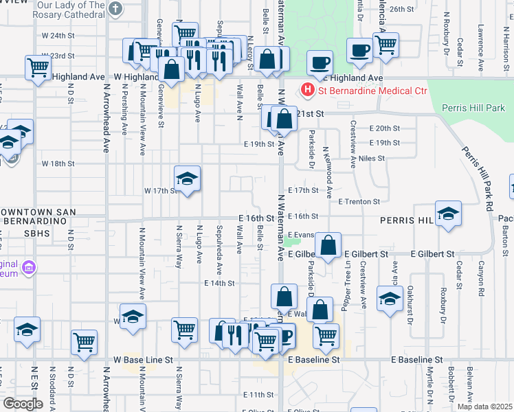 map of restaurants, bars, coffee shops, grocery stores, and more near 42 North Belle Street in San Bernardino