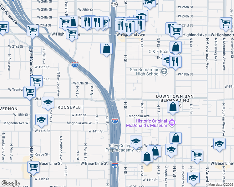 map of restaurants, bars, coffee shops, grocery stores, and more near 821 West Trenton Street in San Bernardino