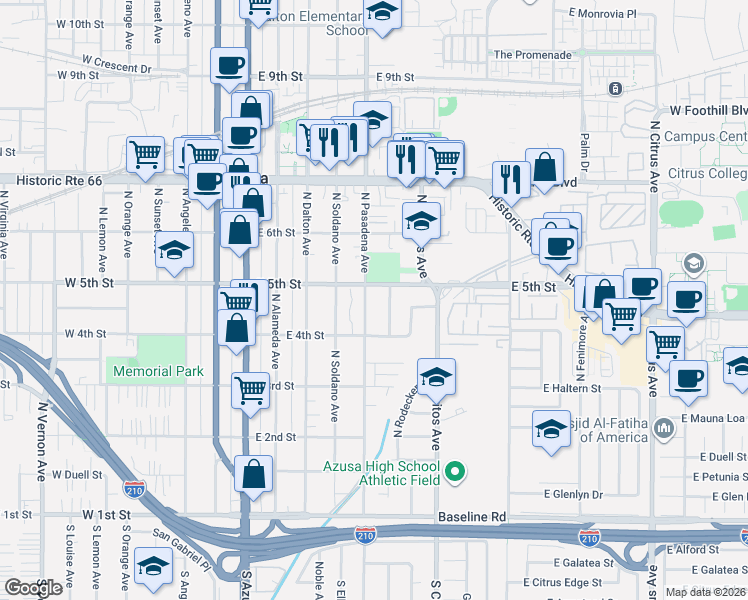 map of restaurants, bars, coffee shops, grocery stores, and more near 441 North Durrell Avenue in Azusa