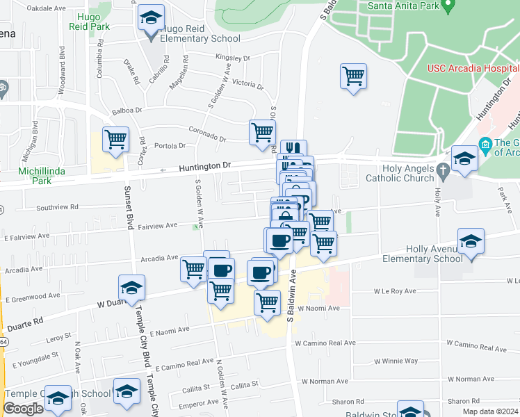 map of restaurants, bars, coffee shops, grocery stores, and more near 770 Southview Road in Arcadia