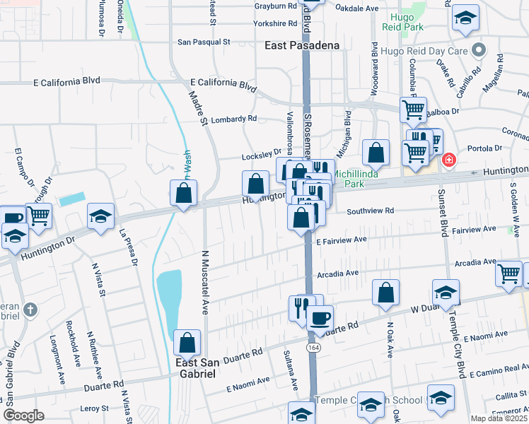 map of restaurants, bars, coffee shops, grocery stores, and more near 7246 North Lotus Avenue in San Gabriel