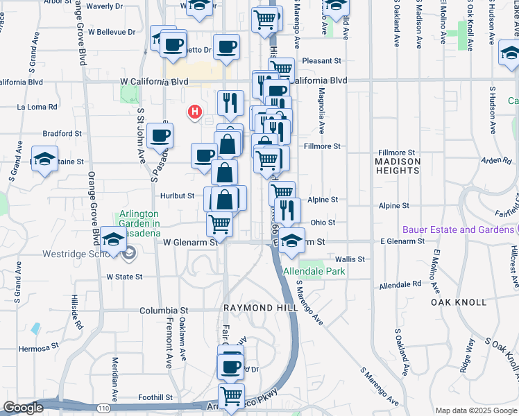 map of restaurants, bars, coffee shops, grocery stores, and more near 951 South Arroyo Parkway in Pasadena