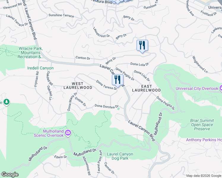 map of restaurants, bars, coffee shops, grocery stores, and more near 11385 Dona Teresa Drive in Los Angeles