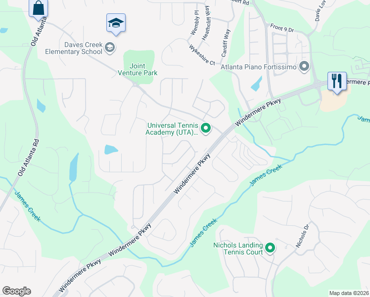 map of restaurants, bars, coffee shops, grocery stores, and more near 4430 Hedgewood Drive in Cumming