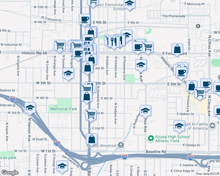 map of restaurants, bars, coffee shops, grocery stores, and more near 434 North Dalton Avenue in Azusa