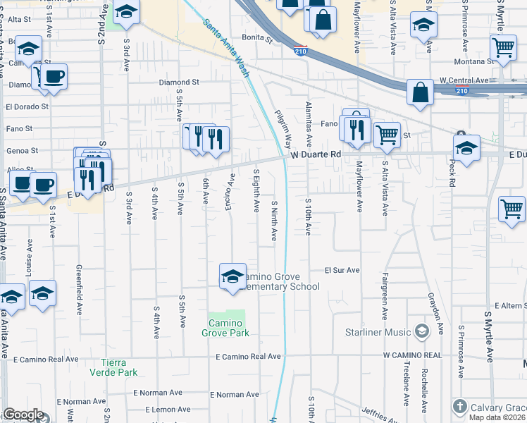 map of restaurants, bars, coffee shops, grocery stores, and more near 1008 South Eighth Avenue in Arcadia